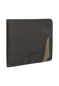 Portafoglio nero in tela con texture liscia, caratterizzato da un delicato motivo camouflage e logo in rilievo nella parte inferiore. Design compatto e rettangolare.