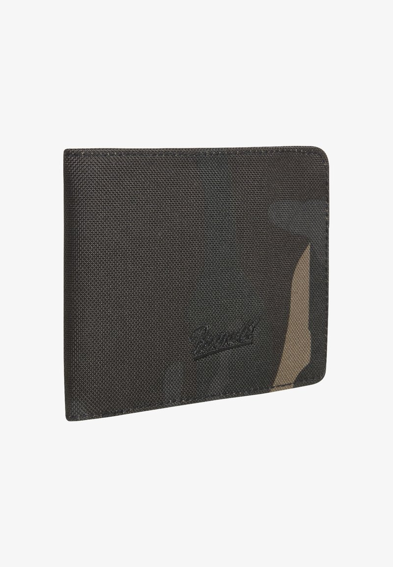 Portafoglio nero in tela con texture liscia, caratterizzato da un delicato motivo camouflage e logo in rilievo nella parte inferiore. Design compatto e rettangolare.