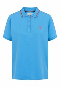 Polo bleu à manches courtes avec trois boutons, rayure rouge et marine sur le col, et petit logo rouge brodé sur la poitrine gauche.
