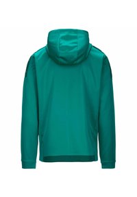 Giacca a cappuccio color turchese con maniche lunghe, texture liscia e vestibilità rilassata. Presenta accenti a contrasto sulle spalle.