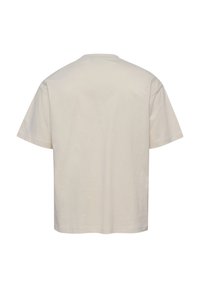 Ljusbeige kortärmad t-shirt, i bomull, med korta ärmar, rund halsringning, slät yta, inga synliga mönster eller detaljer på baksidan.