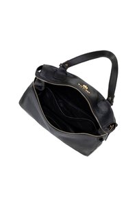 Borsa a mano in pelle nera con zip dorata aperta per mostrare i compartimenti interni, manico singolo e logo del marchio Wittchen sulla parte anteriore.
