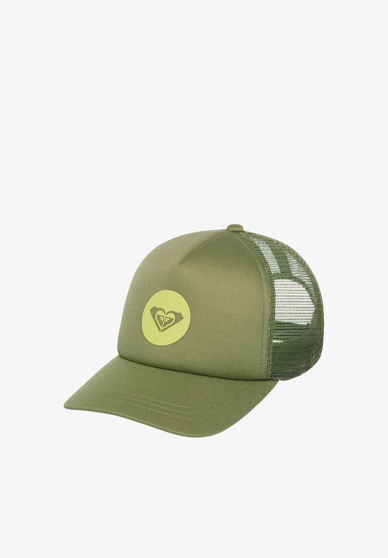 Casquette verte de camionneur avec avant uni et arrière en filet. Elle présente un logo circulaire en vert clair avec un design de cœur.