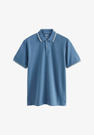 Blue polo shirt made of cotton, featuring a collared neckline, two buttons, and striped accents on the collar and sleeves.
