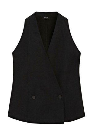 Zwarte mouwloze, getailleerde gilet met diepe V-hals en twee knopen aan de voorkant, ontworpen voor een strakke, stijlvolle uitstraling.