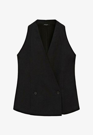 Ærmeløs sort skræddersyet vest med dyb V-hals og to knapper foran, designet til et tætsiddende, stilfuldt look.