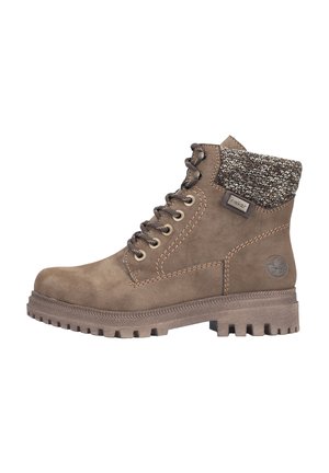 Brown lace-up ankle boot with textured padded collar, thick treaded sole, and brand label on the side, designed for outdoor or casual wear.