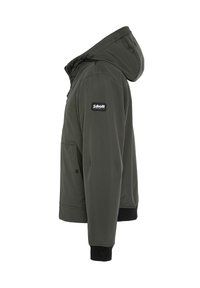 Veste à capuche vert olive avec fermeture éclair sur le devant, tissu gris, poignets côtelés noirs et un écusson logo sur la manche gauche. Texture lisse.
