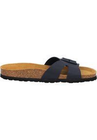 Infradito blu navy con una larga fascia e una fibbia nera, sottopiede in sughero e suola in gomma testurizzata per una migliore aderenza.
