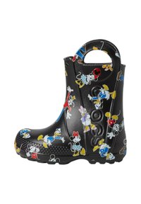 Stivale di gomma nera per la pioggia con personaggi dei cartoni animati colorati, una superficie texturizzata, una punta arrotondata e una maniglia per indossarlo facilmente.