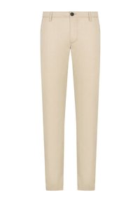 Pantaloni di cotone beige con una vestibilità slim, gambe diritte, tasche frontali e chiusura con un bottone e zip. Tessuto liscio senza motivi.