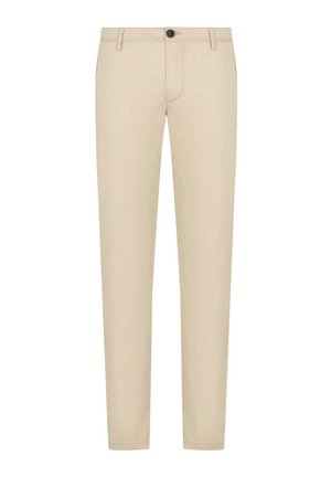 Pantalones de algodón beige con ajuste slim, piernas rectas, bolsillos frontales y cierre de botón y cremallera. Textura suave sin patrones.