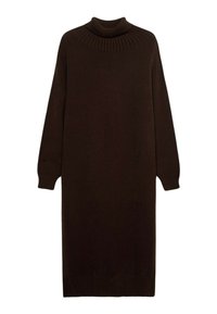 Largo vestido de punto marrón con un alto cuello de tortuga, puños y dobladillo acanalados. Textura suave y corte holgado, adecuado para capas o uso casual.