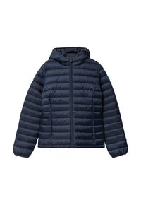 Chaqueta inflable de color azul marino con cremallera frontal, capucha y patrón acolchado. Hecha de un tejido ligero y brillante, con puños y dobladillo elásticos.