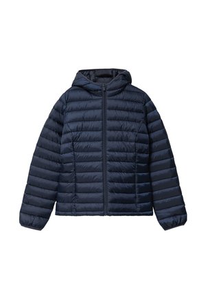 Veste réversible en duvet bleu marine avec fermeture éclair à l'avant, capuche et motif matelassé. Fabriquée en tissu léger et brillant avec des poignets et un ourlet élastiques.