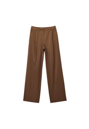 Bruine, brede broek van een soepel materiaal met een op maat gemaakte tailleband, voorzien van voorplooien en zonder zichtbare zakken.