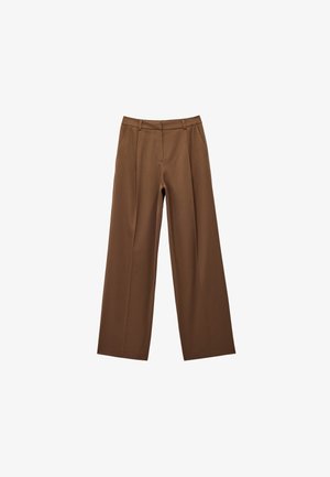 Brown, wide-leg trousers made of a smooth fabric with a tailored waistband, featuring front pleats and no visible pockets.