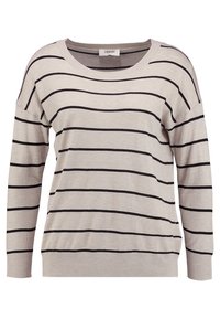 Pull beige clair à manches longues avec des rayures horizontales noires et un col rond, doté d'un ourlet et de manches côtelés.