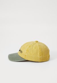 Yellow and green cap with a curved visor; the crown has visible stitching, and text is embroidered in black on the front.
