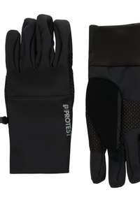 Een paar zwarte geïsoleerde handschoenen met gripkussentjes op de handpalmen en een "PROTEST" logo op de achterkant van één handschoen.