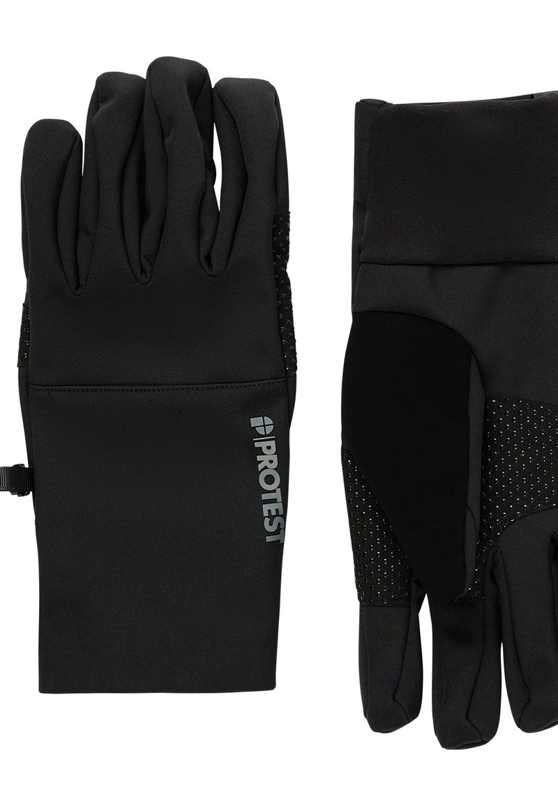 Een paar zwarte geïsoleerde handschoenen met gripkussentjes op de handpalmen en een "PROTEST" logo op de achterkant van één handschoen.