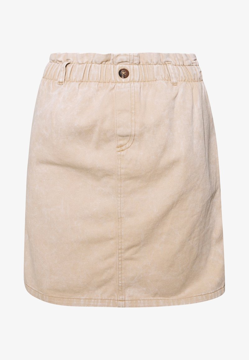 Jupe en denim beige avec une taille élastique, fermeture à boutons sur le devant et une texture légèrement délavée. Comprend des poches latérales et des détails de coutures.