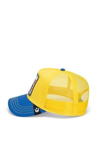 Gorra amarilla y azul con malla en la parte trasera, visera curvada y un parche en la parte delantera. Presenta detalles de costura y una correa ajustable.