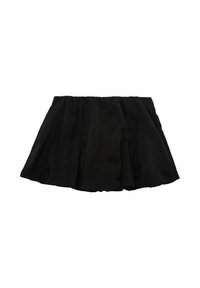 Schwarzer, leichter Baumwollrock mit elastischem Bund, ausgestellt geschnitten und geraffte Textur, in knielanger Ausführung.