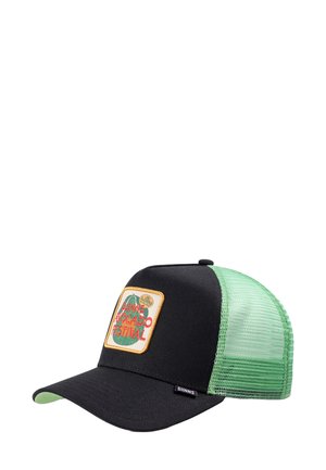 Gorra de camionero negra y verde con parche "DJINNS Avocado Festival" en la parte frontal y la parte inferior del visera en verde curvado.