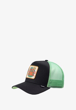 Black and green mesh trucker cap with "DJINNS Avocado Festival" patch on front and curved green underside of the brim.
