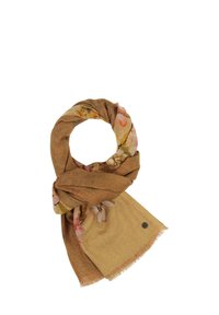 Écharpe marron avec un motif floral rose et vert, fabriquée en un matériau texturé avec un léger éclat ; finie avec des bords à franges et un accent logo.