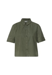 Chemise à manches courtes vert olive avec col et cinq boutons à l'avant, fabriquée en tissu texturé.