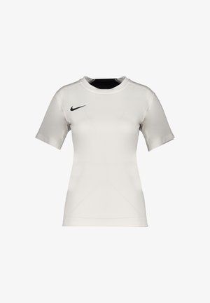 White short-sleeve athletic shirt made of stretchy fabric. Features a round neckline and a small black Nike logo on the left chest.