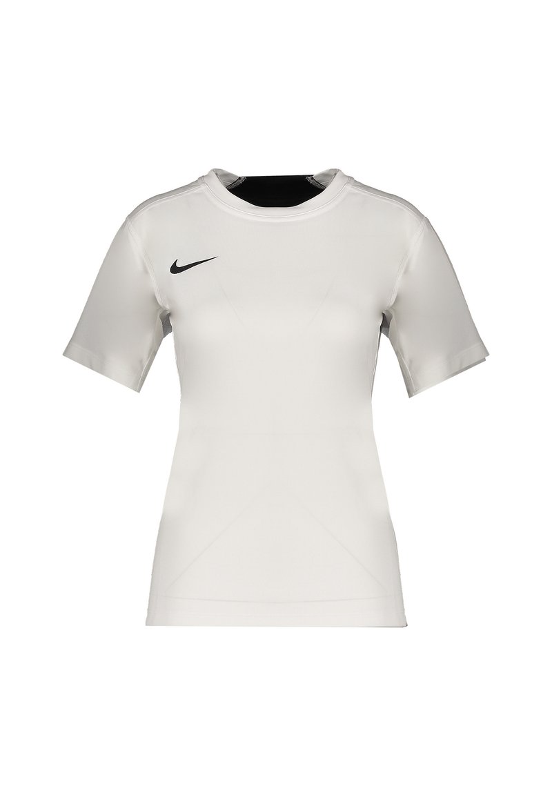 Maglietta sportiva bianca a maniche corte realizzata in tessuto elasticizzato. Presenta un colletto rotondo e un piccolo logo Nike nero sul lato sinistro del petto.