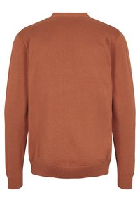 Rostfärgad tröja med rund halsringning, ribbade ärmslut och nederkant. Tillverkad av ett mjukt stickat material, med en enkel, sömlös design.