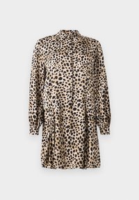 Vestido de estampado de leopardo hecho de tela suave, con un frente abotonado, mangas largas y una falda con pliegues y un cuello clásico.