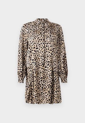 Leopard print dress made of smooth fabric, featuring a button-up front, long sleeves, and a pleated skirt with a classic collar.