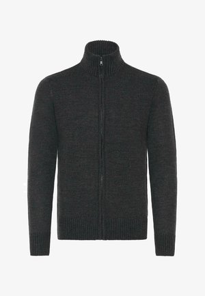 Sötétszürke zipzáras pulóver magas gallérral és bordás mandzsettákkal és aljjal. Texturált kötött anyagból készült az kényelem és melegség érdekében.