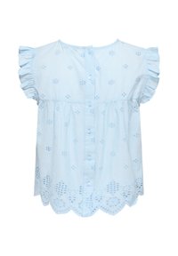 Blouse bleu clair pour fille avec boutons devant, manches courtes volantées, broderie anglaise et ourlet festonné.