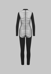 Combinaison noire intégrale avec un dos texturé blanc contrastant, dotée de plis verticaux et de manches longues. Design ajusté offrant une couverture complète.