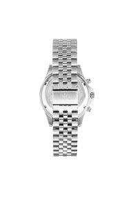 Orologio in acciaio inox silver con bracciale a maglie, cassa rotonda e tre pulsanti cronografici sul lato. Design minimalista e finitura lucida.
