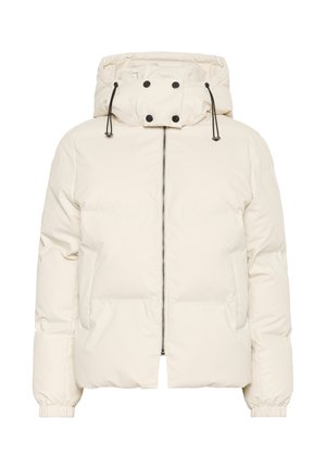 Valge puff-jakk kõrge kraega, ees luku sulgemisega, elastsete mansettide ja reguleeritava kapuutsiga. Sisaldab kahte küljetaskut ja tikandi mustrit.