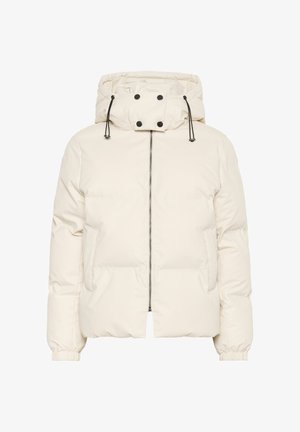 Valge puff-jakk kõrge kraega, ees luku sulgemisega, elastsete mansettide ja reguleeritava kapuutsiga. Sisaldab kahte küljetaskut ja tikandi mustrit.