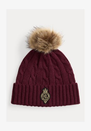 Lauren Ralph Lauren CREST PATCH POM POM CABLE KNIT BEANIE - Megzta kepurė - dark garnet