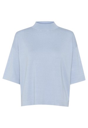 Himmelblaues, kurzärmeliges Oberteil mit Stehkragen aus weichem Strickmaterial; verfügt über eine lässige Passform und einen leicht verkürzten Saum.