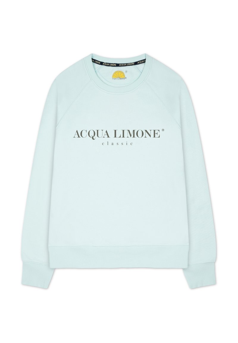 Ljusblå sweatshirt med rund halsringning, raglanärmar och "ACQUA LIMONE classic" tryckt i mörkgrått över framsidan.