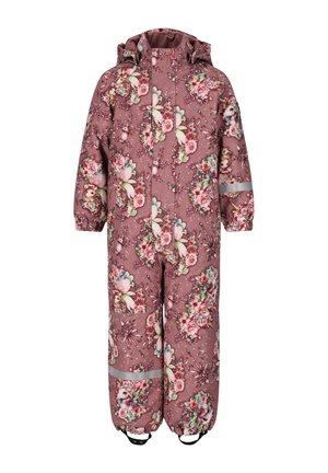 Barnes heldragt i støvet pink med blomster- og dyreprint, hætte og reflekser på ærmer og ben.
