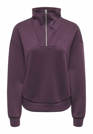 Lila Pullover mit langen Ärmeln, hohem Kragen und silbernem Reißverschluss vorne, lockere Passform, mit gerippten Bündchen und Saum.