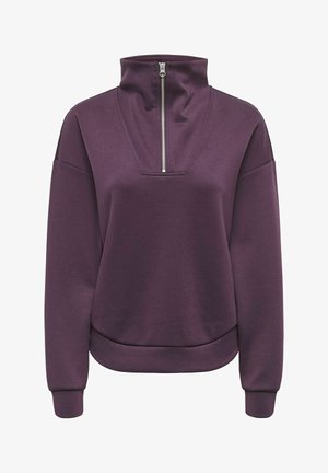 Pull violet à manches longues avec col montant et fermeture éclair argentée à l'avant, coupe décontractée, poignets et ourlet côtelés.