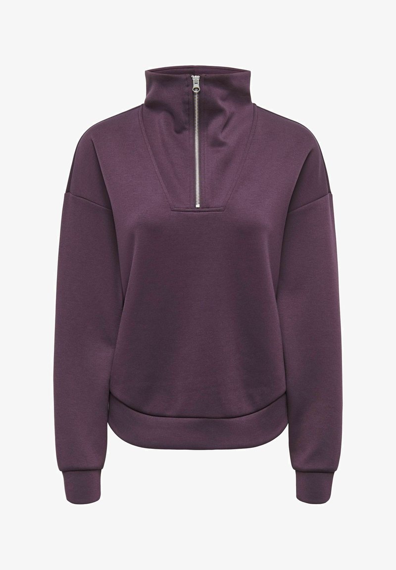 Pull violet à manches longues avec col montant et fermeture éclair argentée à l'avant, coupe décontractée, poignets et ourlet côtelés.